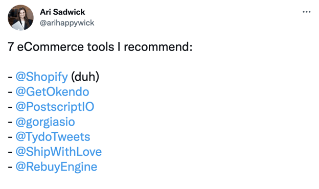 Ari Sadwick tweet about ecommerce tools